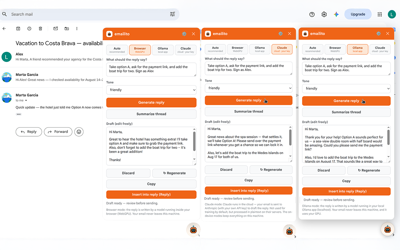 The emailito panel open three times over the same Gmail thread, once per engine, each showing a different drafted reply.