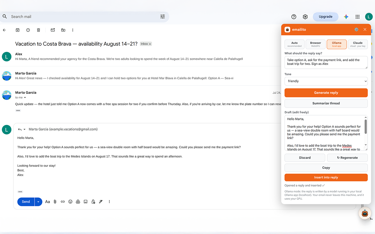 A finished draft inserted into the Gmail reply box, with the emailito panel alongside.